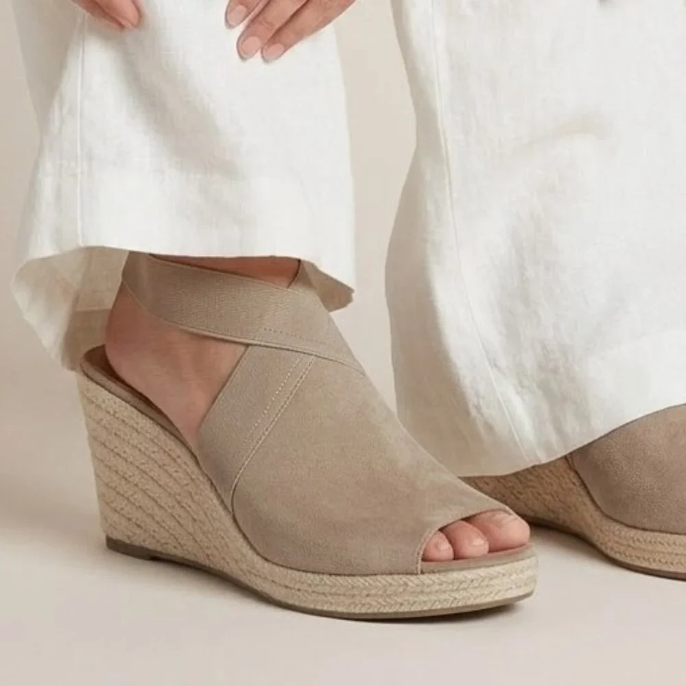 Kenneth Cole Reaction Clo Taupe Elastic Espadrille Wedge Sandal Coastal Prep 11